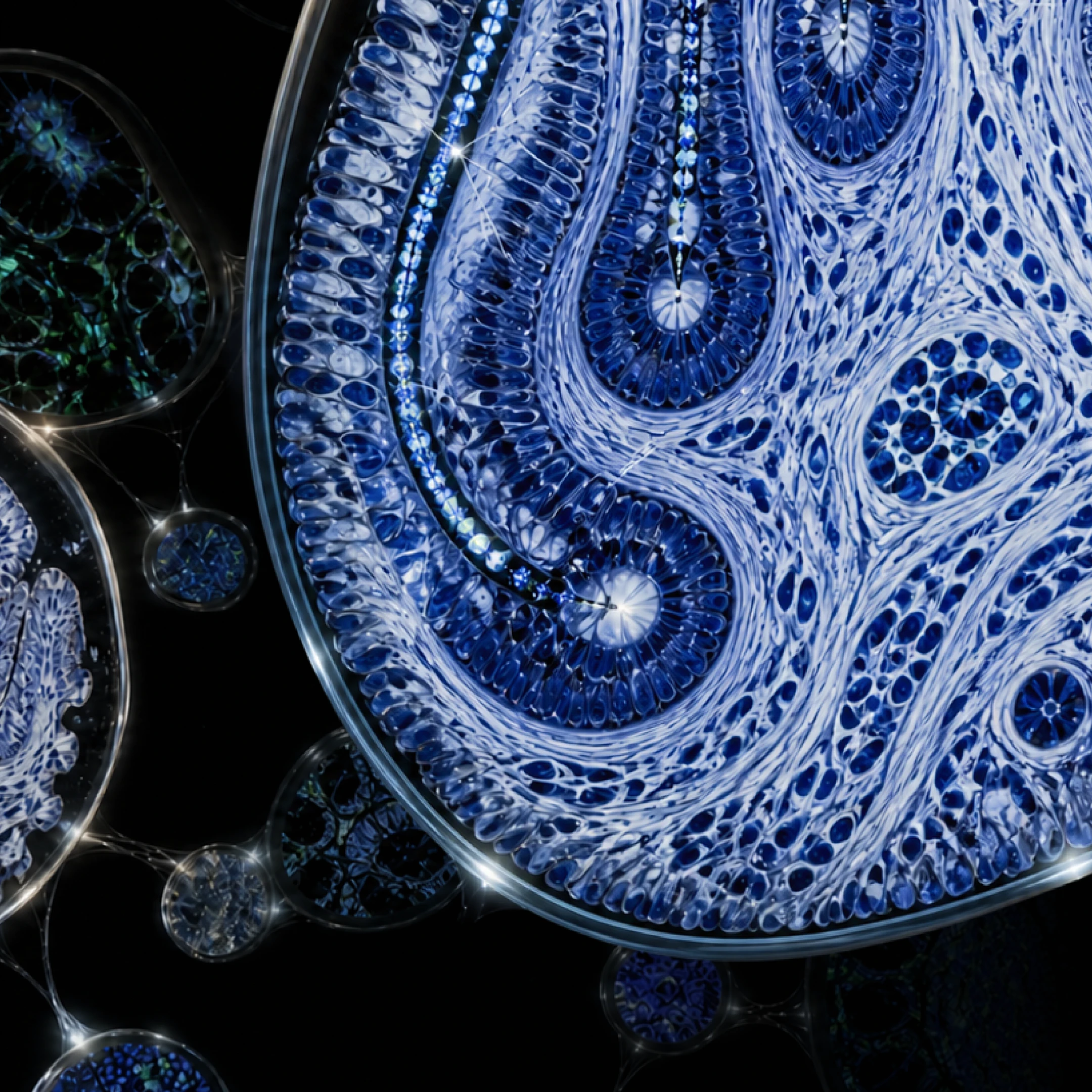 Detailed blue microscopic tissue structures suspended against a dark background