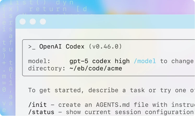 Terminal-style interface for OpenAI Codex showing model gpt-5 codex high and a file path. Example commands like /init and /status are listed, suggesting how to get started with coding tasks.