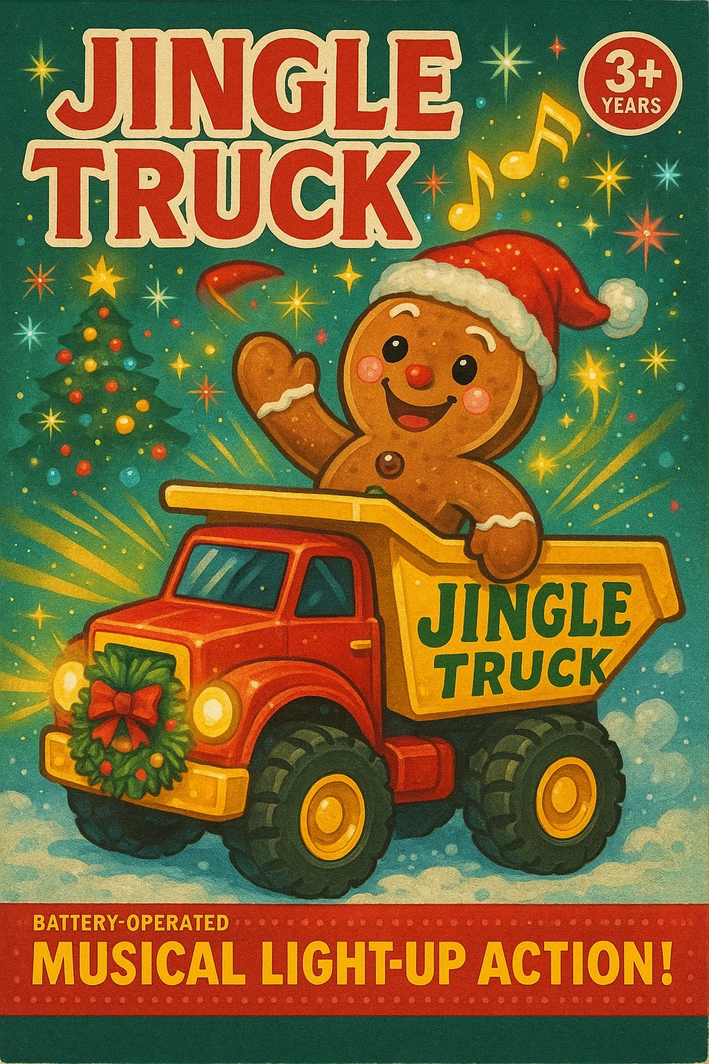 Festive toy-box illustration of a smiling gingerbread man in a Santa hat riding in a red dump truck labeled “Jingle Truck,” surrounded by musical notes, sparkles, and a Christmas tree, with text promoting musical light-up action for ages 3 and up.