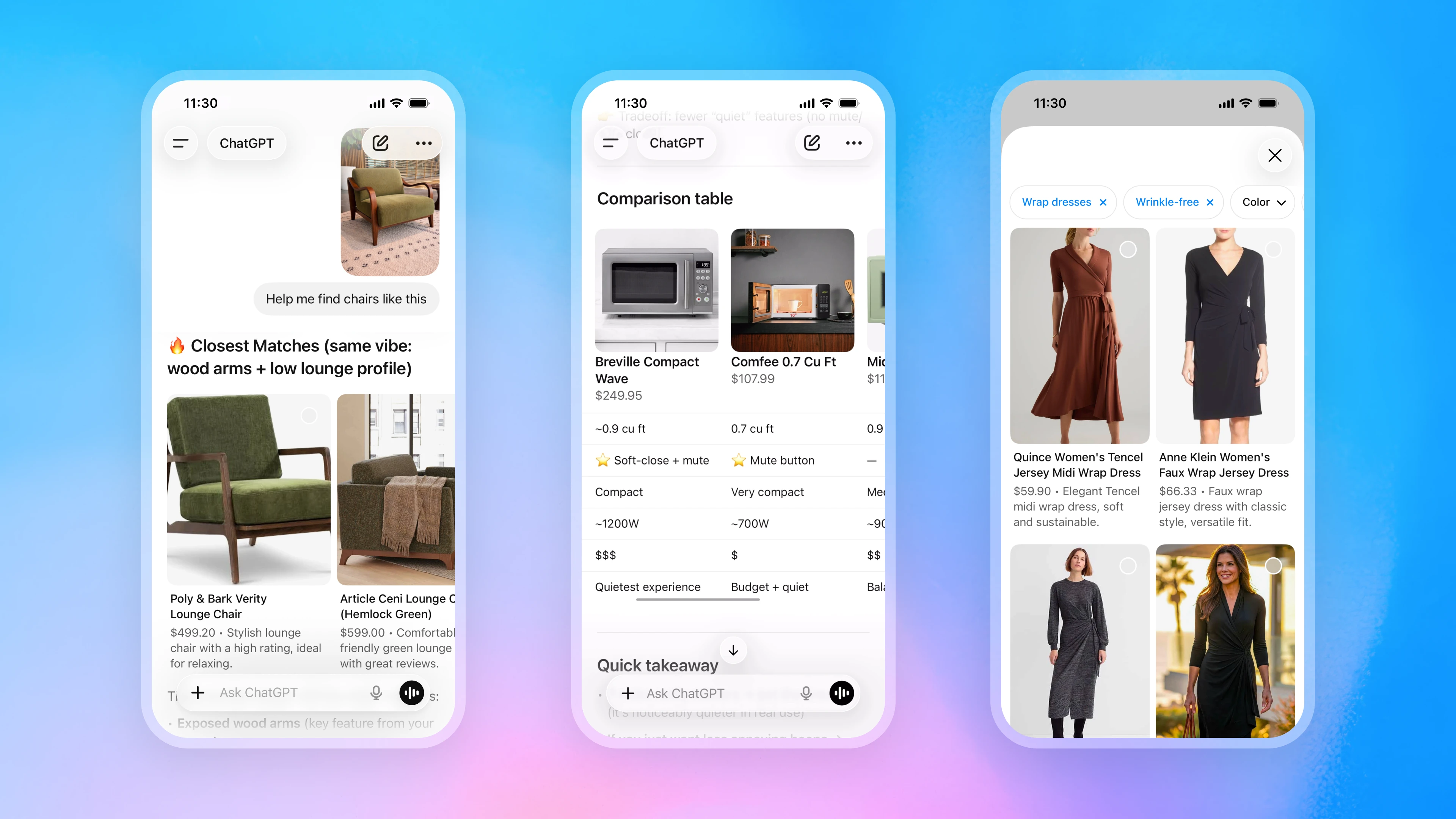 Three mobile interface mockups showing ChatGPT shopping experiences: the left screen displays furniture recommendations for a lounge chair style match, the middle screen shows a comparison table of product options with specs and pricing, and the right screen shows a filtered shopping grid for wrap dresses with selectable product cards and tags, all on a blue-to-pink gradient background.