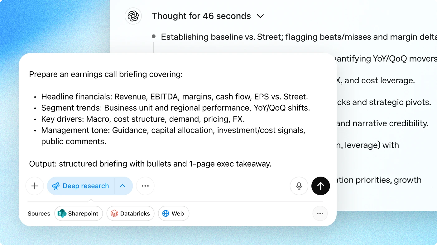ChatGPT interface showing a deep research workflow. The user prompt asks for an earnings call briefing, covering financial highlights and management commentary. Several connected data sources (SharePoint, Databricks, Web) are visible below.