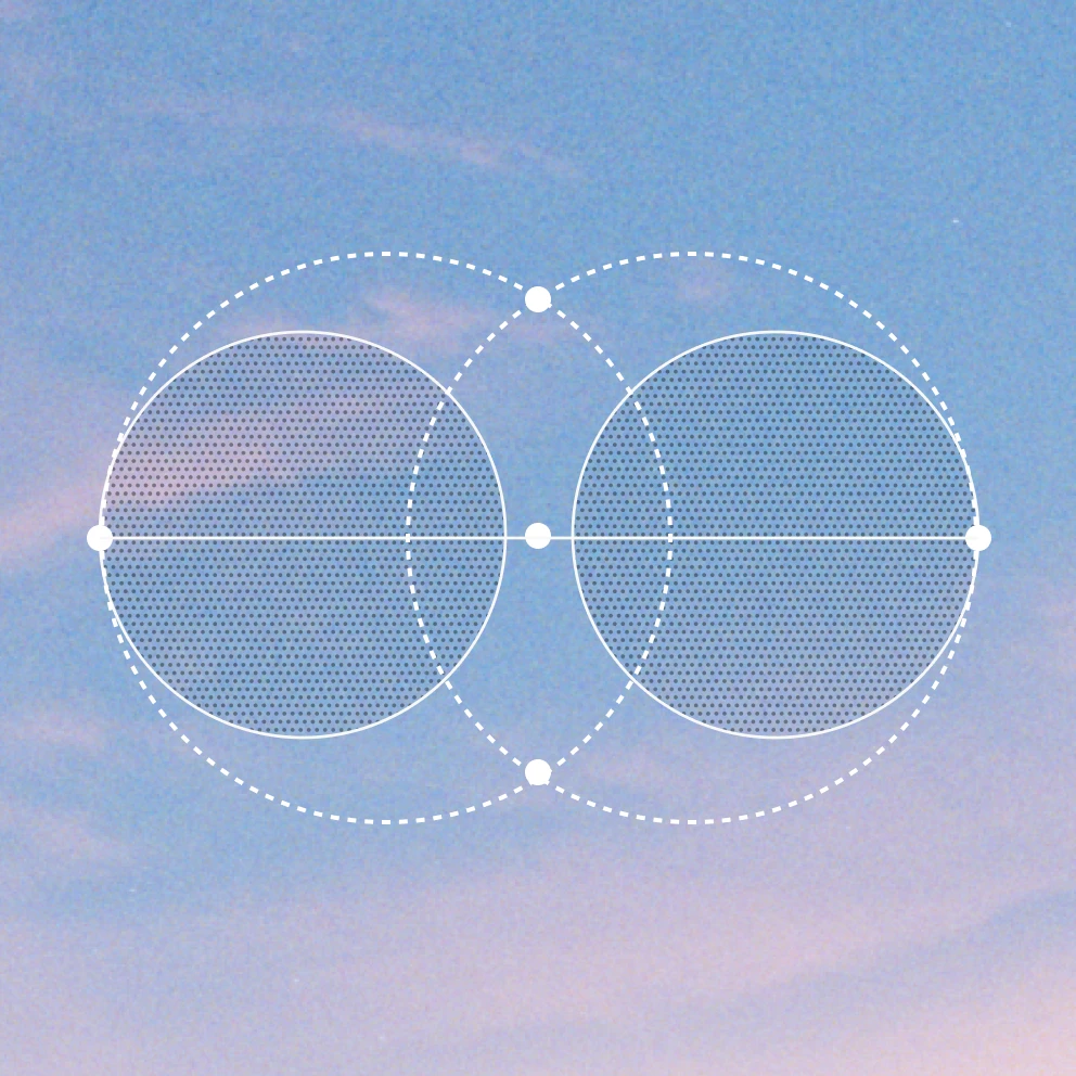 Blue and purple abstract diagram with overlapping circles and connecting nodes.