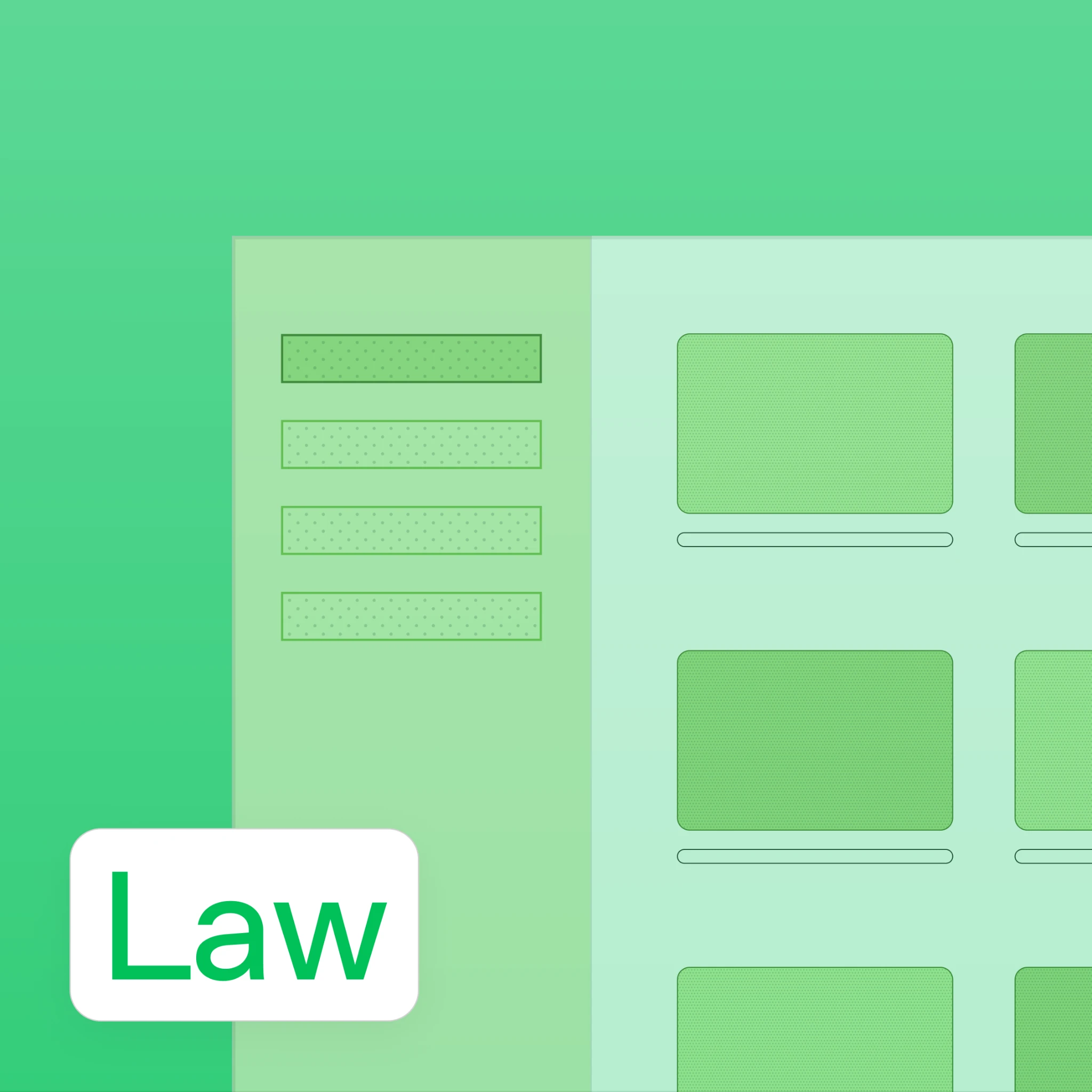 Green illustration with document and card panels and a Law label.
