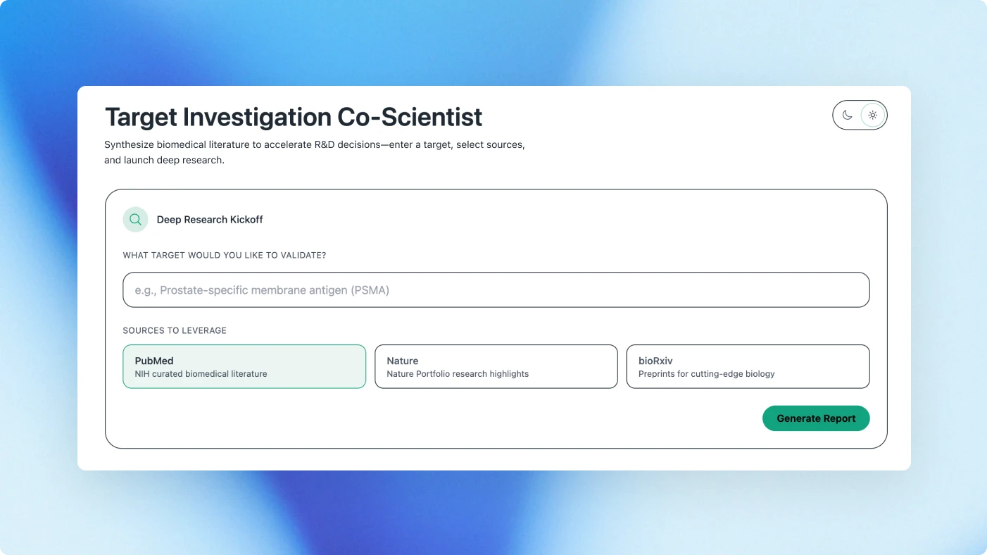A biomedical research assistant interface labeled “Target Investigation Co-Scientist.” The user can input a biological target and select sources like PubMed, Nature, or bioRxiv to generate a research report using deep research tools.