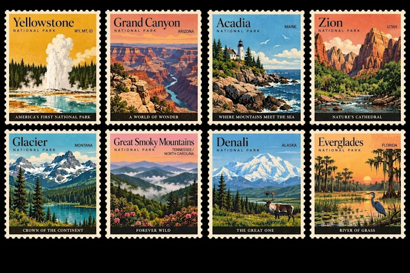 Vintage national park stamp designs generated by ChatGPT Images 2.5