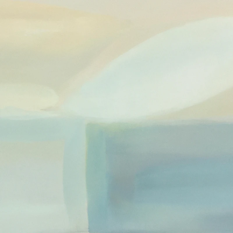 An abstract, minimalist painting featuring blocks of soft pastel colors—beige, blue, and white—suggesting a tranquil seascape or landscape.