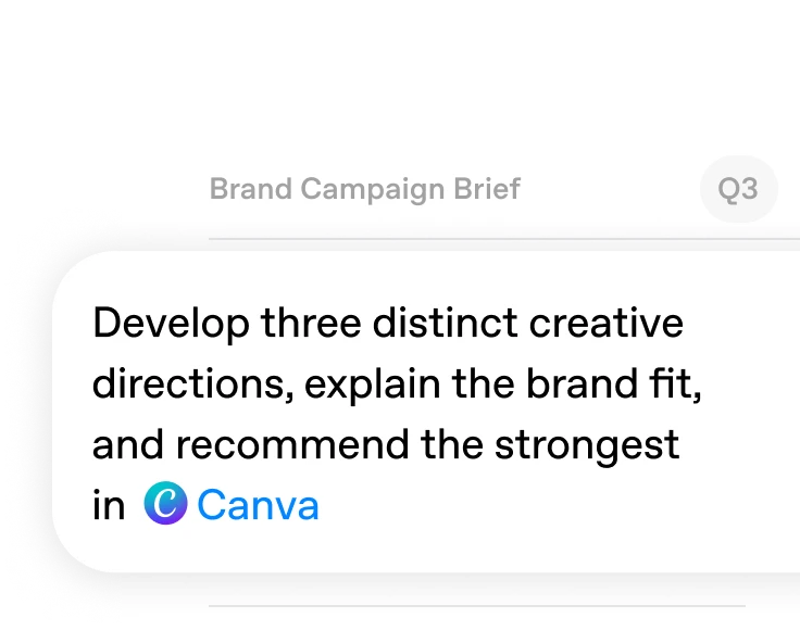 Brand campaign brief with a prompt asking Canva to develop creative directions, explain the brand fit, and recommend the strongest.