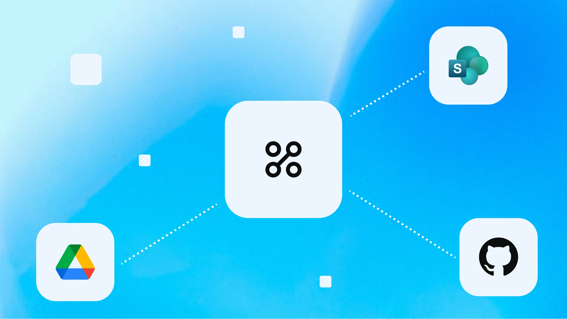 Central data-connection icon linked by dotted lines to SharePoint, Google Drive, and GitHub icons on a blue gradient background with small white squares.