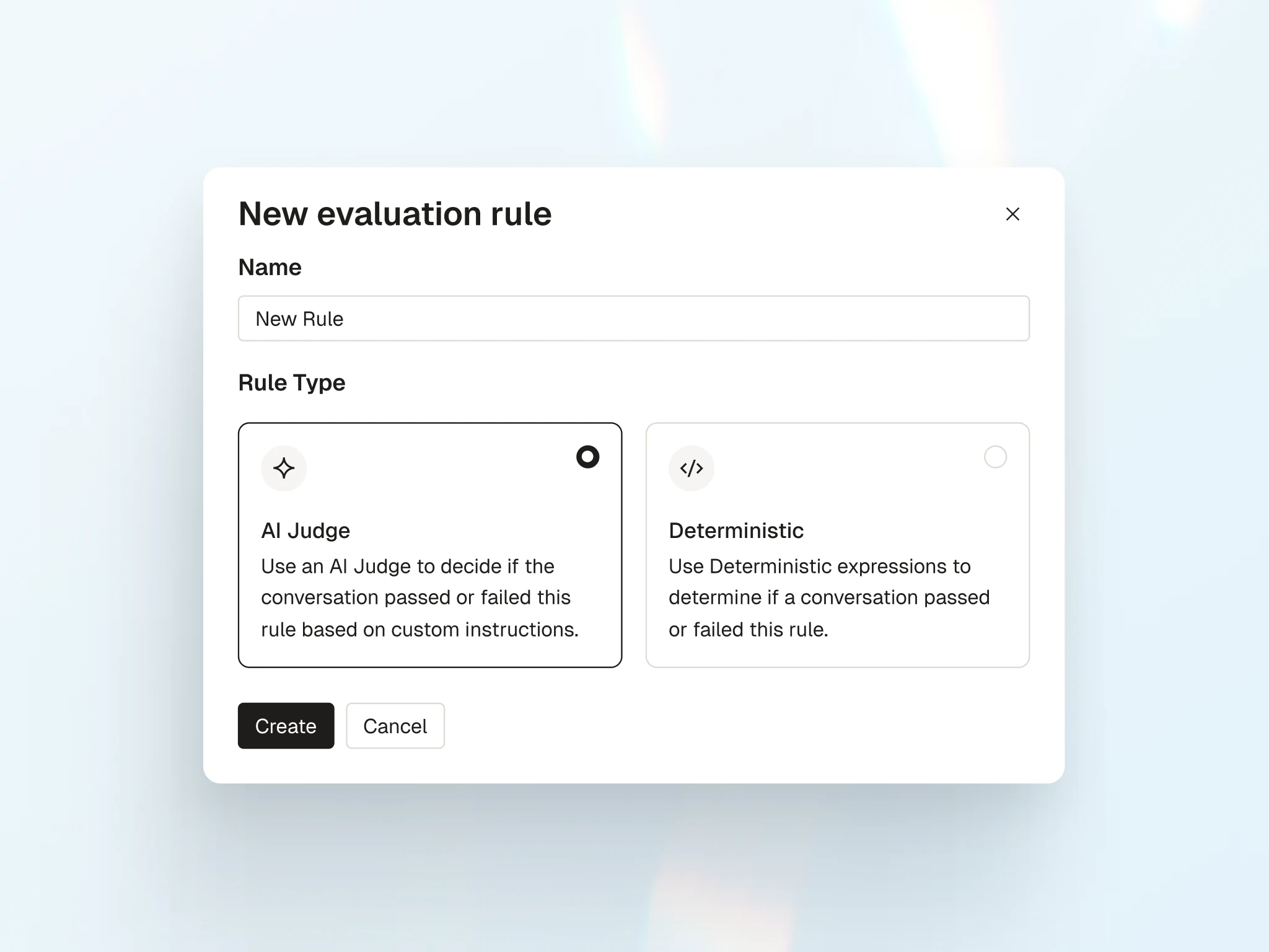 Image 4: Parloa interface for creating an AI judge evaluation rule.