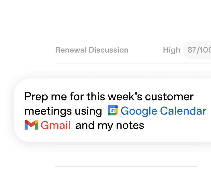 Sales account and renewal overview with a prompt to prepare for customer meetings using Google Calendar, Gmail, and notes.