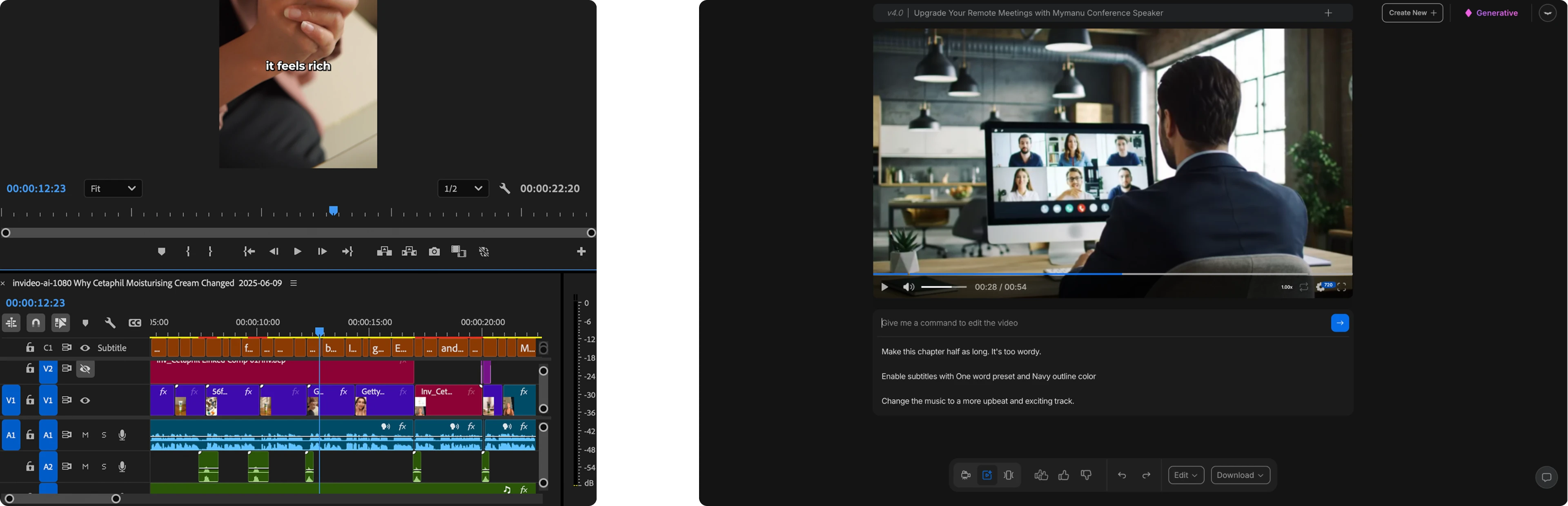 Split-screen view of two video editing interfaces with colorful timelines and preview windows.
