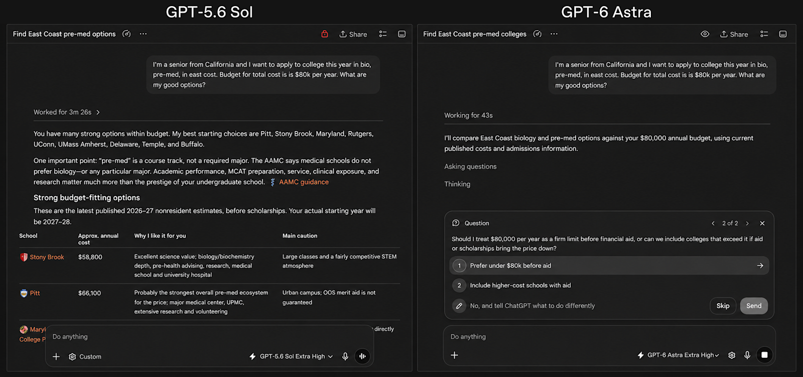GPT-5.6 Sol 與 GPT-6 Astra 執行同一查詢任務的官方對照截圖