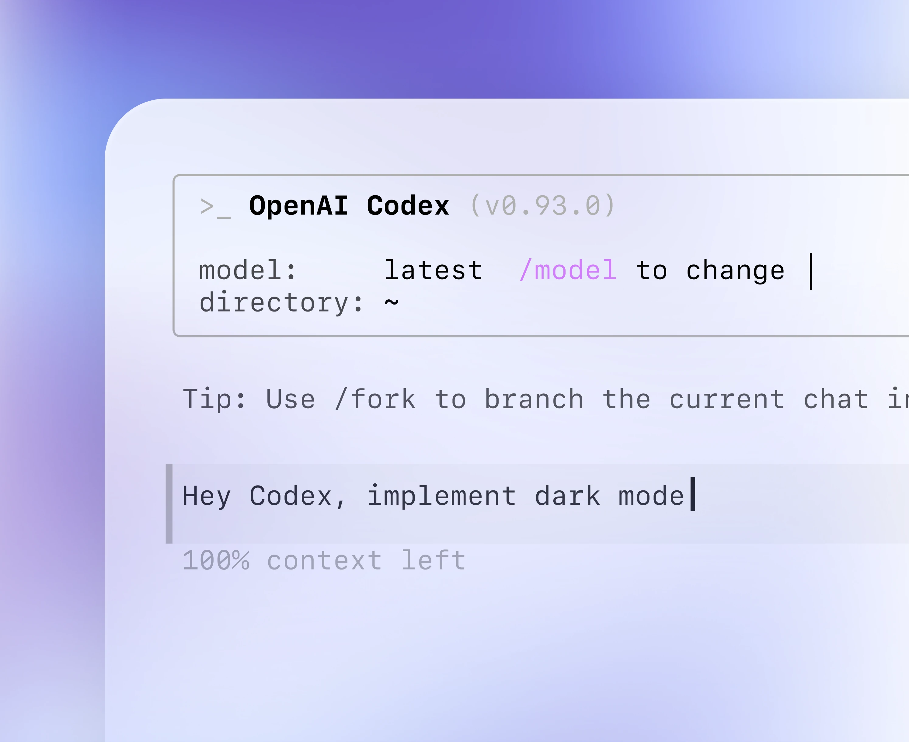 Codex command-line interface with a prompt to implement dark mode.