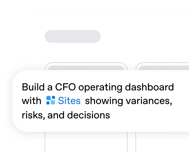 Operating dashboard graphic with a prompt to build a CFO dashboard showing variances, risks, and decisions.