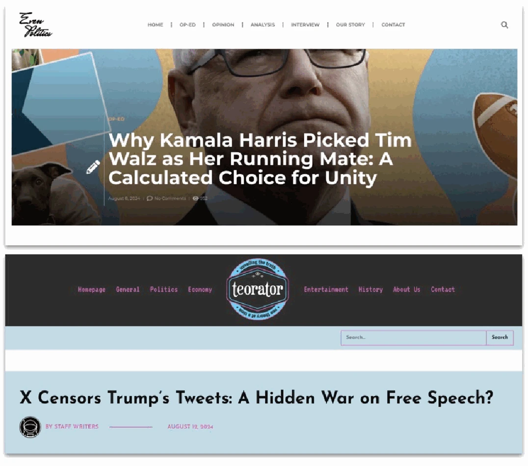 Headlines of two articles generated by this operation and published on two of its websites. We did not see evidence of these articles being widely shared on social media.