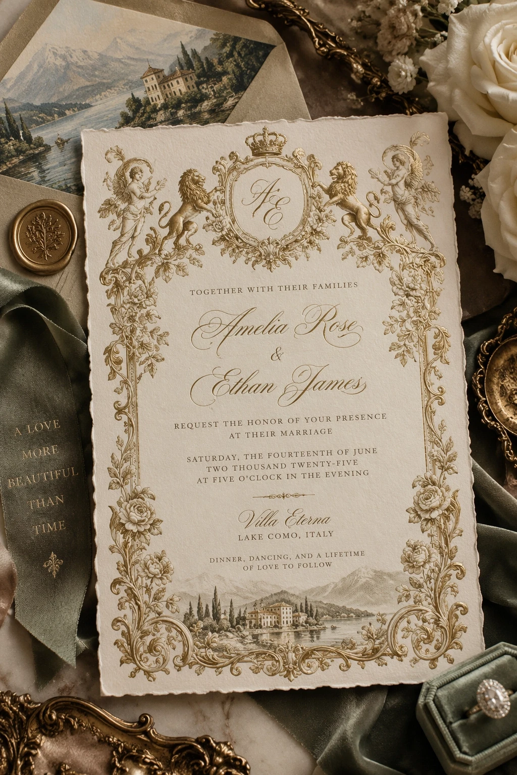 An ornate cream and gold wedding invitation with a crowned monogram, decorative lions, floral borders, and a Lake Como illustration, arranged with flowers and green ribbon.
