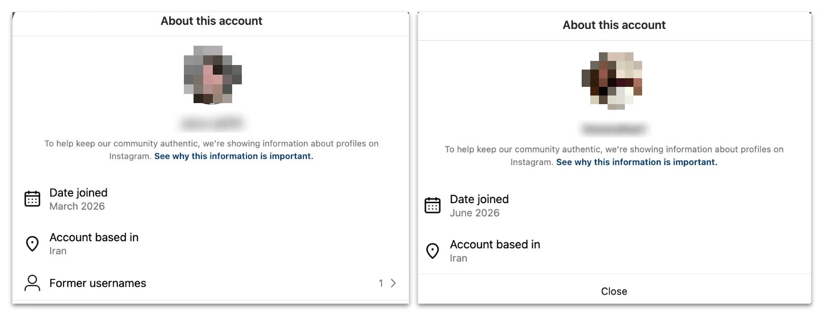 Redacted Instagram account transparency panels showing Iran as the location of both accounts that posted the preceding comments.
