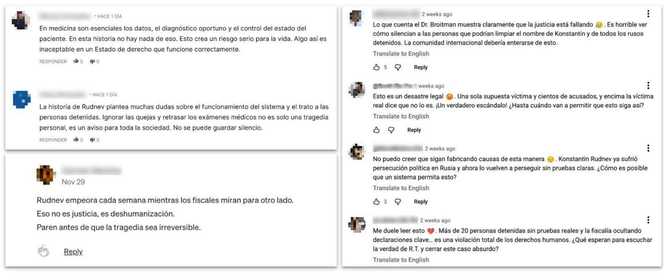 Screenshots of Spanish-language comments generated or used as part of the Trolling stone operation.