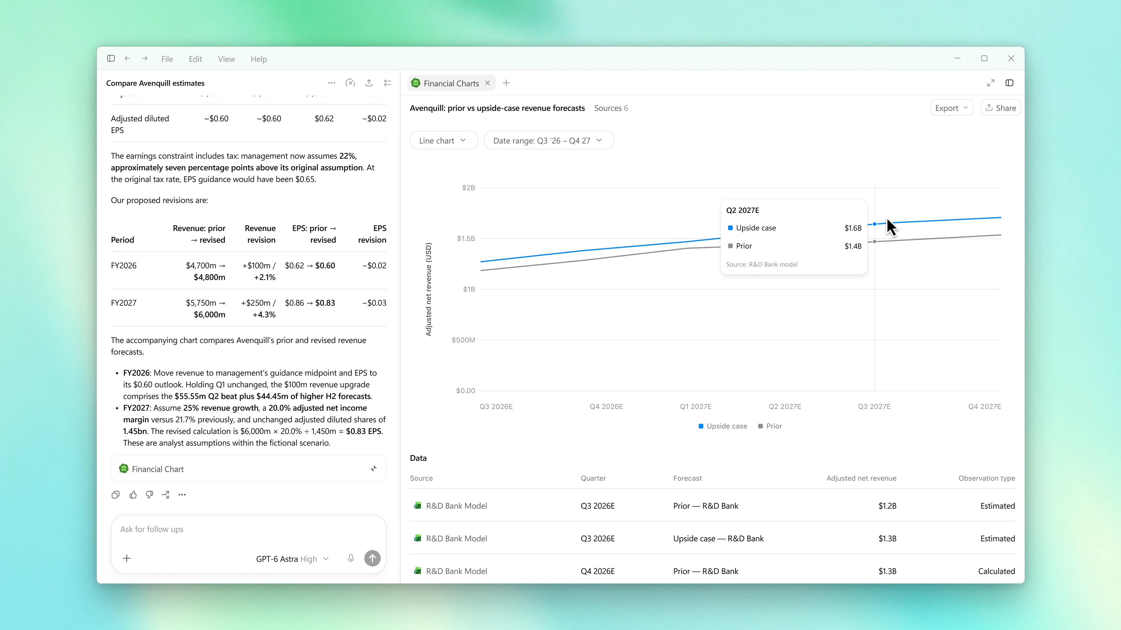 Product screen showing earnings analysis in ChatGPT for Financial Services.