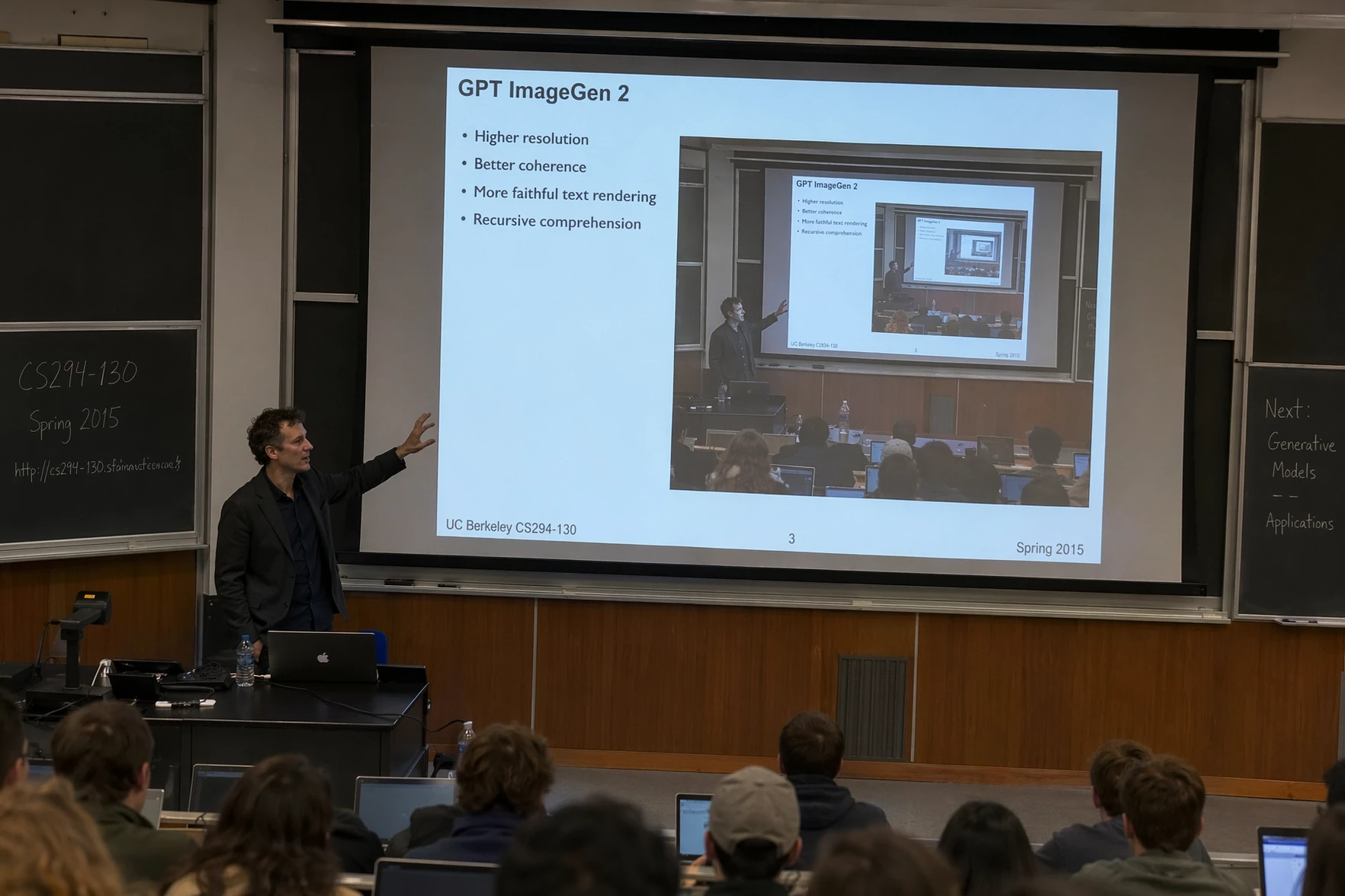 Generated with ChatGPT Images 2.0, this university lecture hall scene shows a professor presenting a slide titled “GPT ImageGen 2” to a classroom audience, with a projected screen demonstrating recursive image rendering and model capabilities.