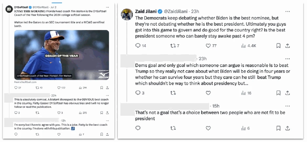 Sample comments on softball and politics by another fake account in the network. In each image, a verified user made a post, a second user not linked to this operation replied to it, and an account run by Bet Bot replied to the second user.