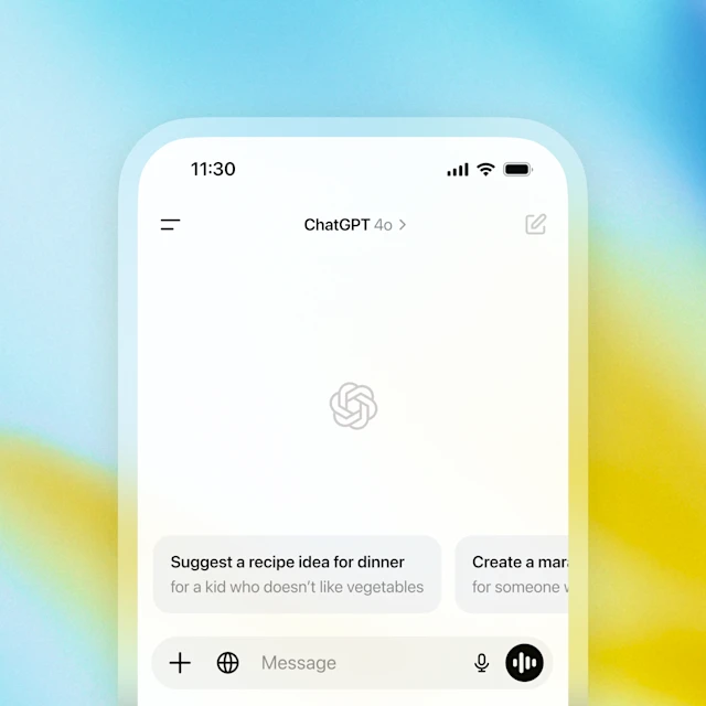 A screenshot of the ChatGPT app on a mobile device with a pink gradient background, showing chat suggestions and a 9:41 time display.