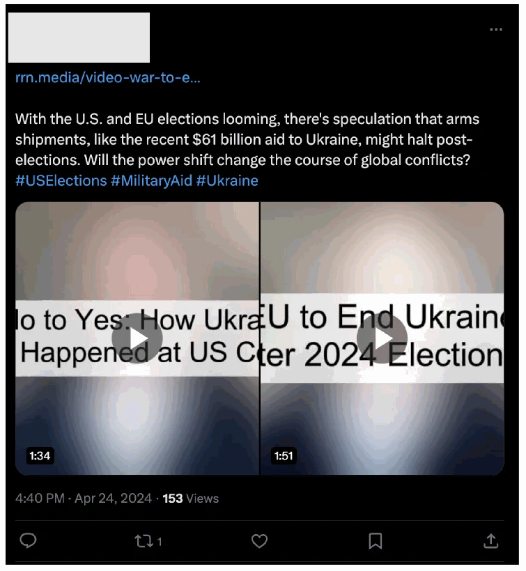 Post on X generated using our models, alongside a link to an article on rrn.media.