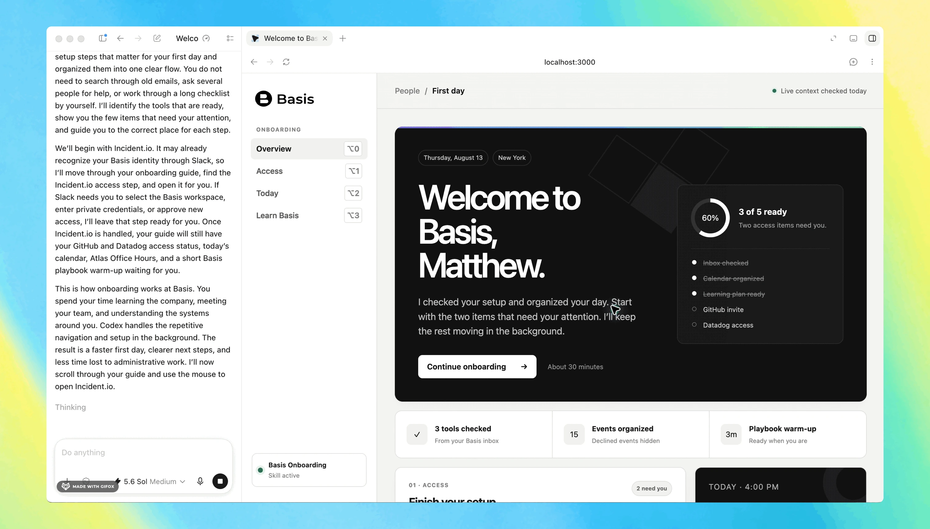 Animated demo of Basis’s AI-guided onboarding workspace, showing a first-day checklist and automated setup steps for a new employee named Matthew.