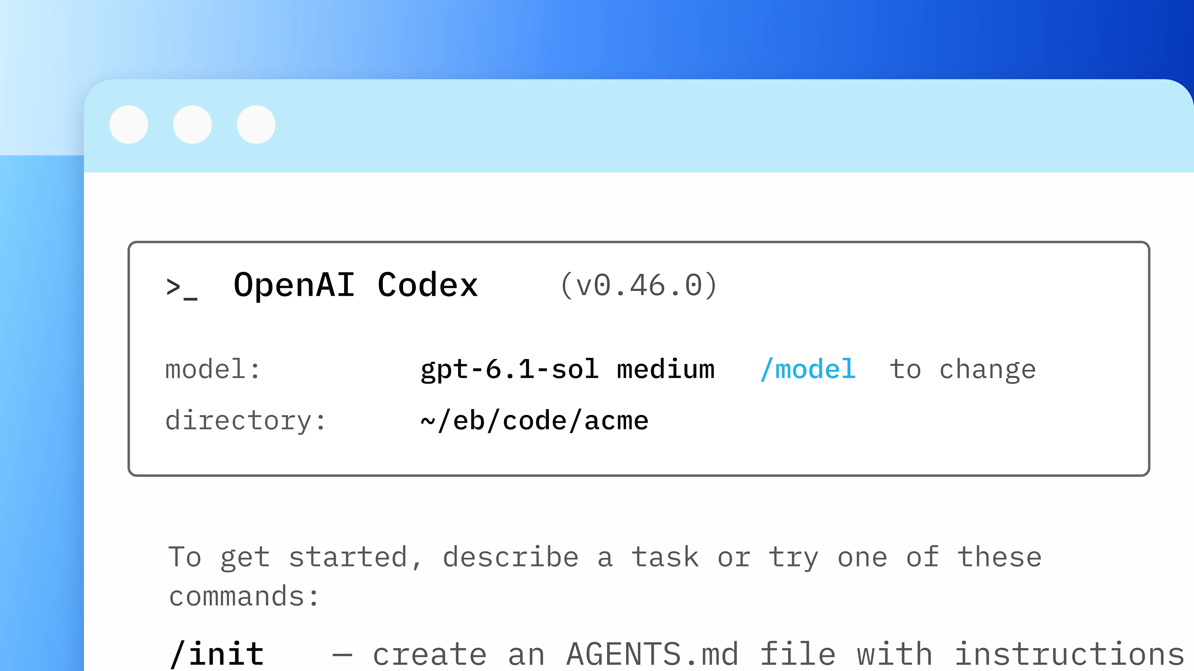OpenAI Codex terminal interface on a blue background.