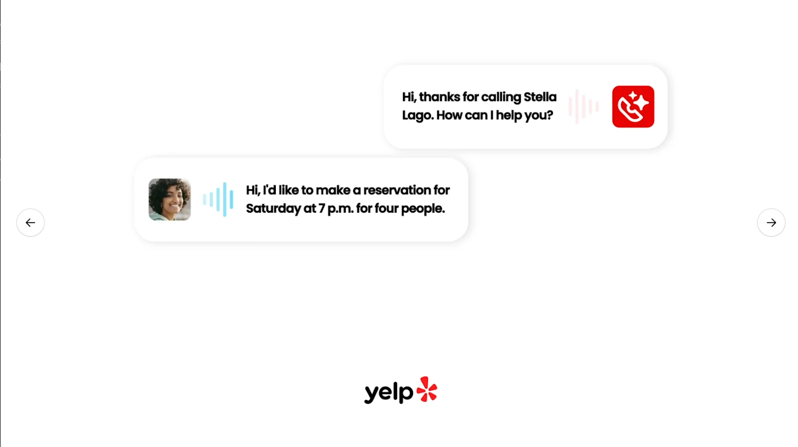 OpenAIが示したGPT-Live音声デモの静止画。Yelpの予約依頼を会話として表示。今回のDecisions連携そのものを示す画像ではない