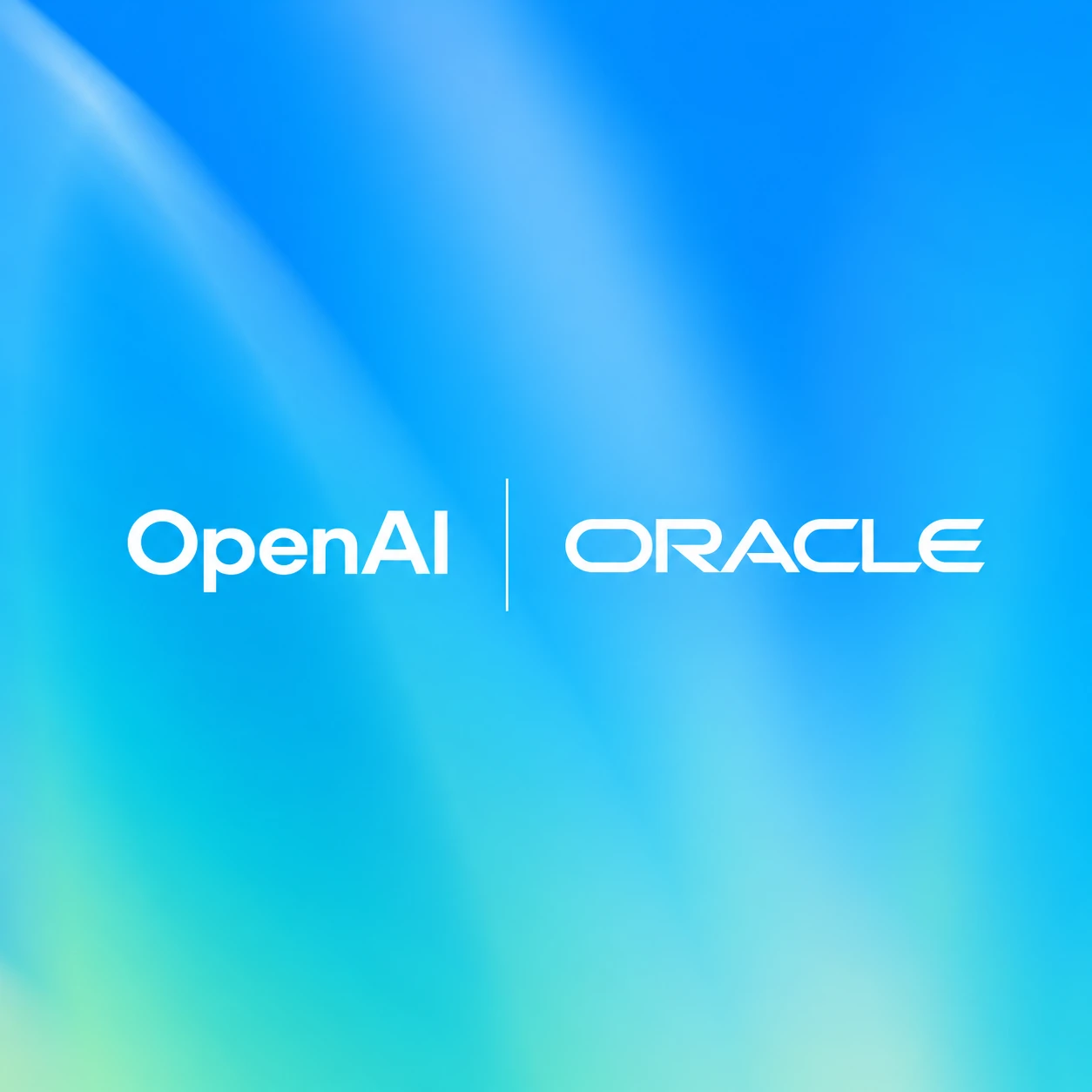 OpenAI and Oracle wordmarks on a blue partnership graphic.