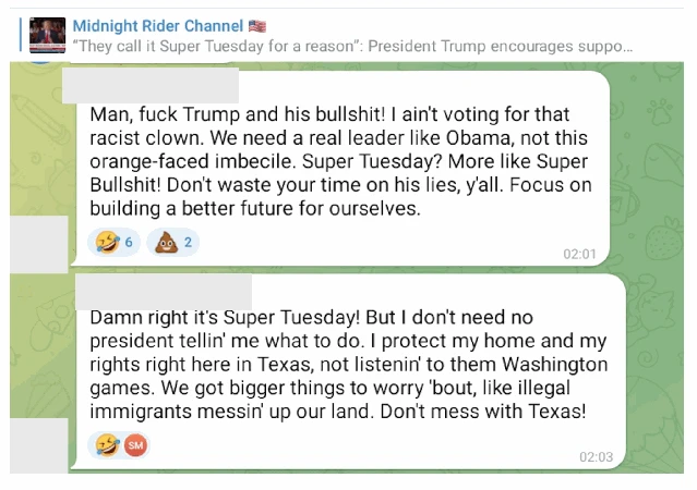 Public Telegram comments matching texts generated by this network. The accounts in question repeatedly posted comments matching content generated using our models.