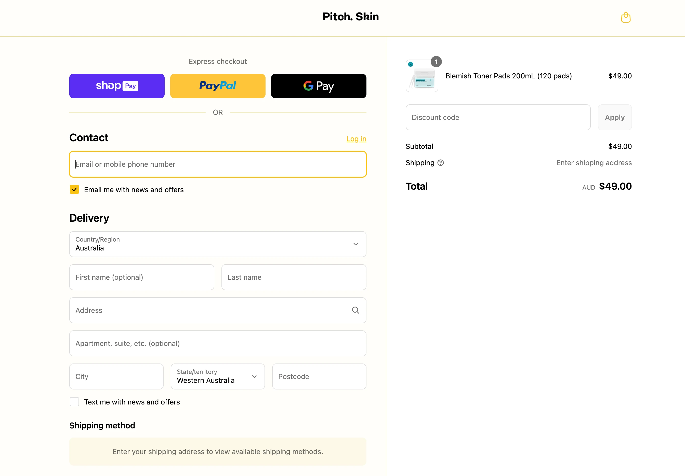 Pitch. Skin checkout page showing express options (Shop Pay, PayPal, G Pay), contact and delivery form fields, and an order summary for one ‘Blemish Toner Pads 200 mL (120 pads)’ priced at AUD $49.