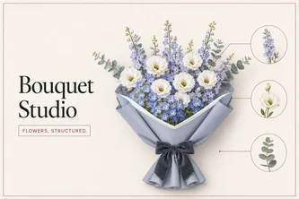 Bouquet Studio title beside a wrapped bouquet of pale flowers.