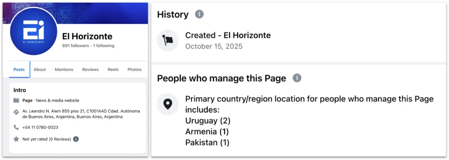 Screenshot showing the El Horizonte Facebook page and page manager history.