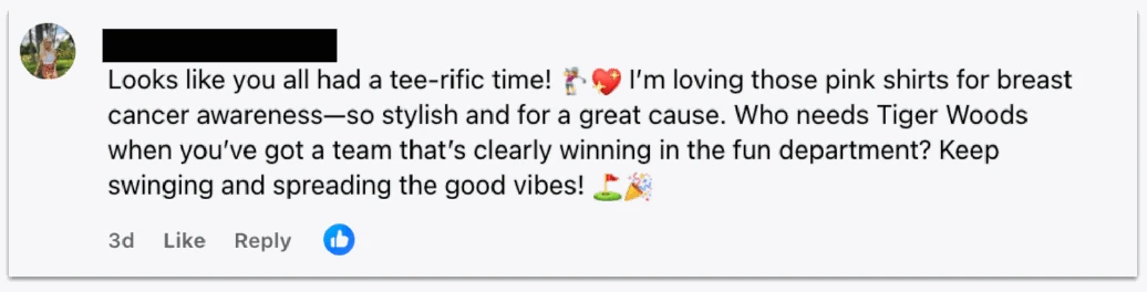 Facebook comment generated for a romance and investment scam.
