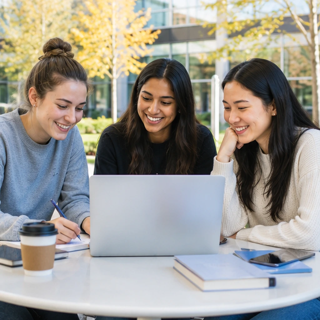 Three students smiling as they collaborate around a laptop at an outdoor campus table.
