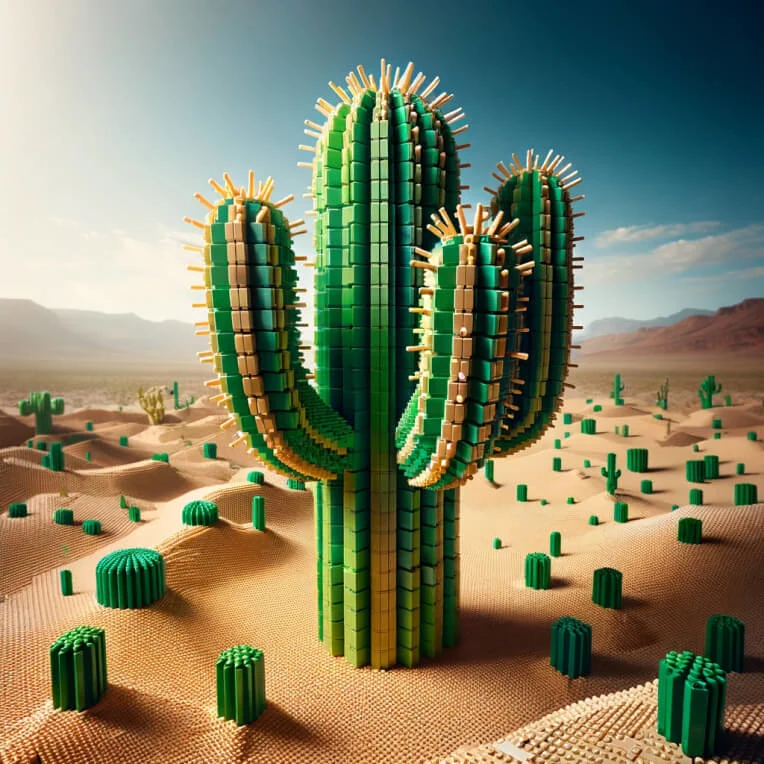 A large cactus made of Lego sits in the middle of a desert scene. Smaller cacti and sand surround the main cactus, also made with Lego.
