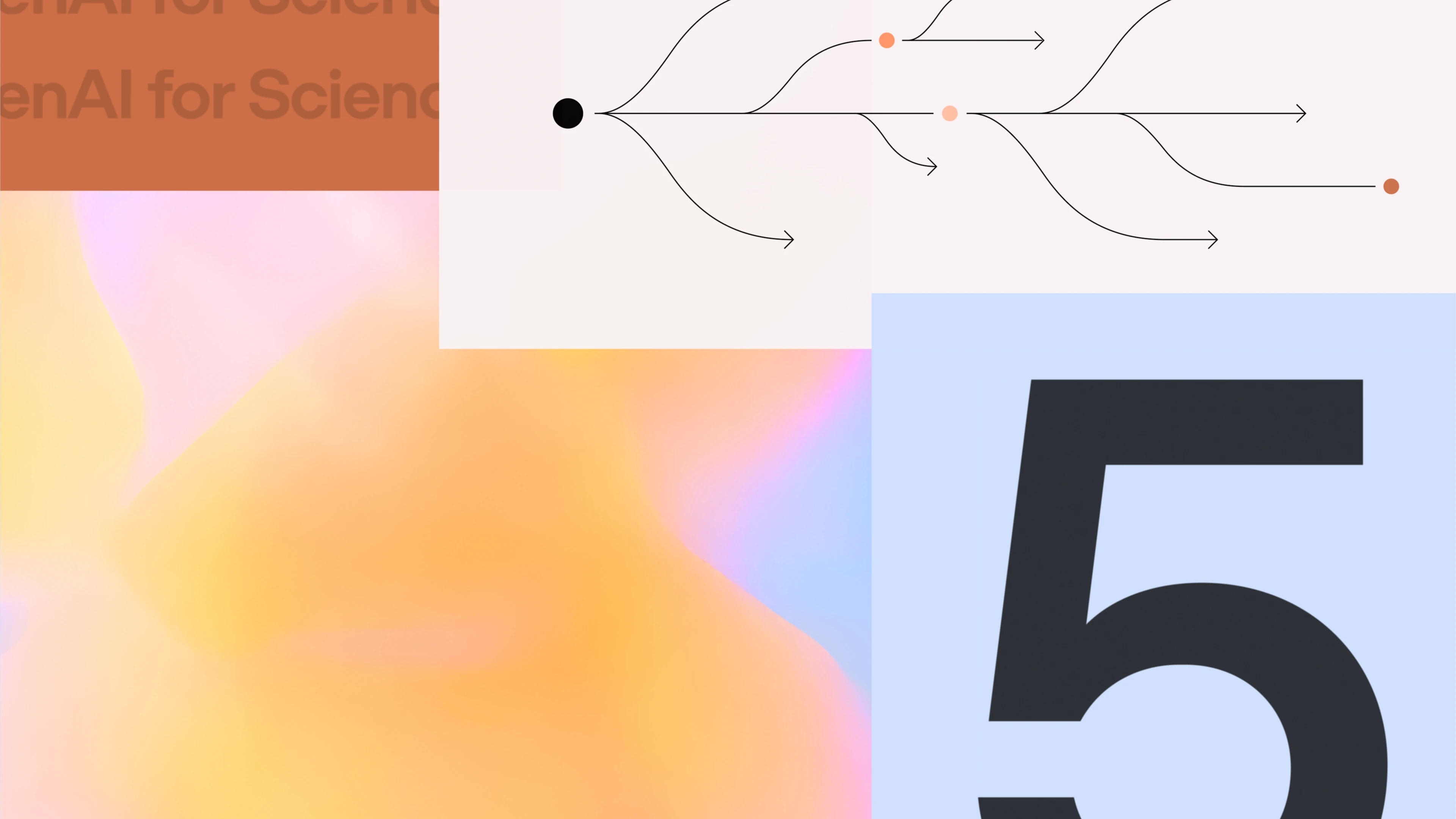 A collage-style graphic featuring abstract shapes and colors. The top left shows a muted orange block with partially visible text. The top right contains a branching diagram with thin black arrows diverging from a central black dot, along with small orange circles marking different points. The bottom left displays a soft blend of orange, pink, and purple gradients. The bottom right features a large black number “5” on a light blue background.