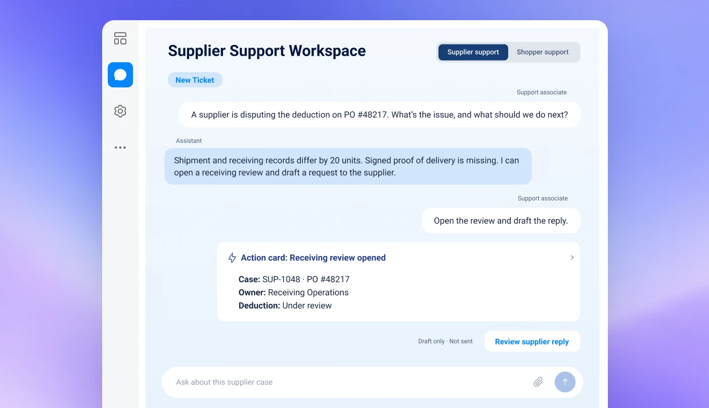 Supplier Support Workspace compares shipment and receiving records, opens a receiving review, and drafts a supplier reply.