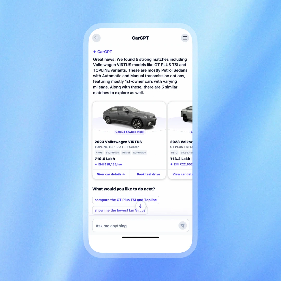 CarGPT test drive booking screen with date and time slot selections