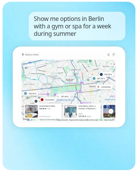 Hotel search in ChatGPT for a week in Berlin with a gym or spa during summer, showing hotel locations and prices on a map.