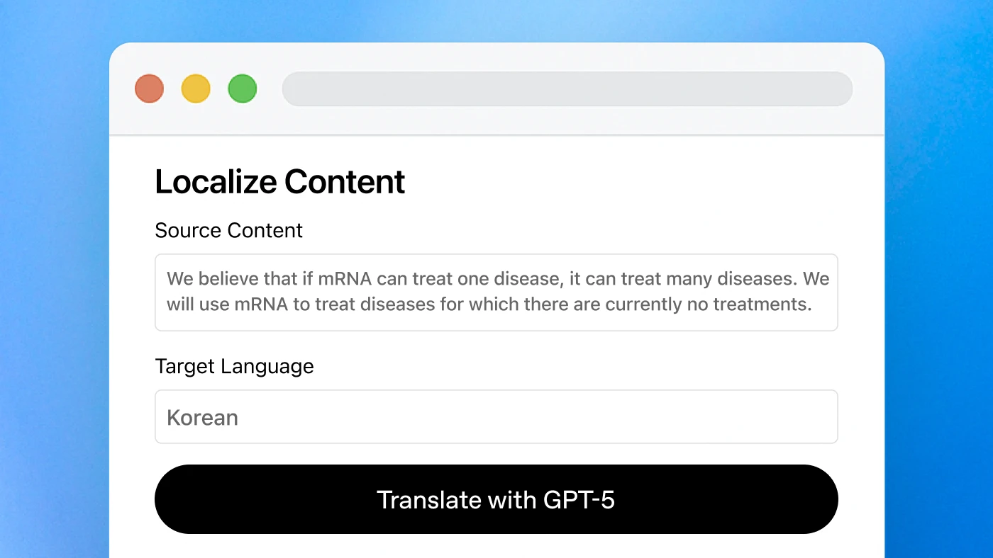 A translation interface labeled “Localize Content” showing English text about mRNA research. The target language is set to Korean with a button labeled “Translate with GPT-5.”
