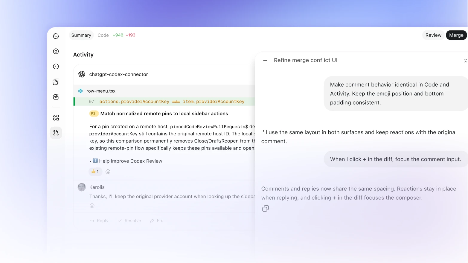 Codex code review showing a pull request discussion and review activity on a gradient background.