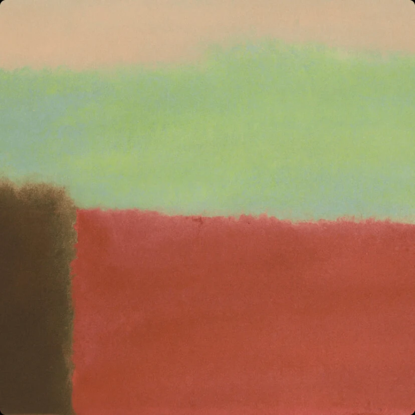 The image features a color-blocked composition with broad horizontal bands of green and peach colors on the top and a large red block beneath, adjacent to a dark brown vertical form on the left.
