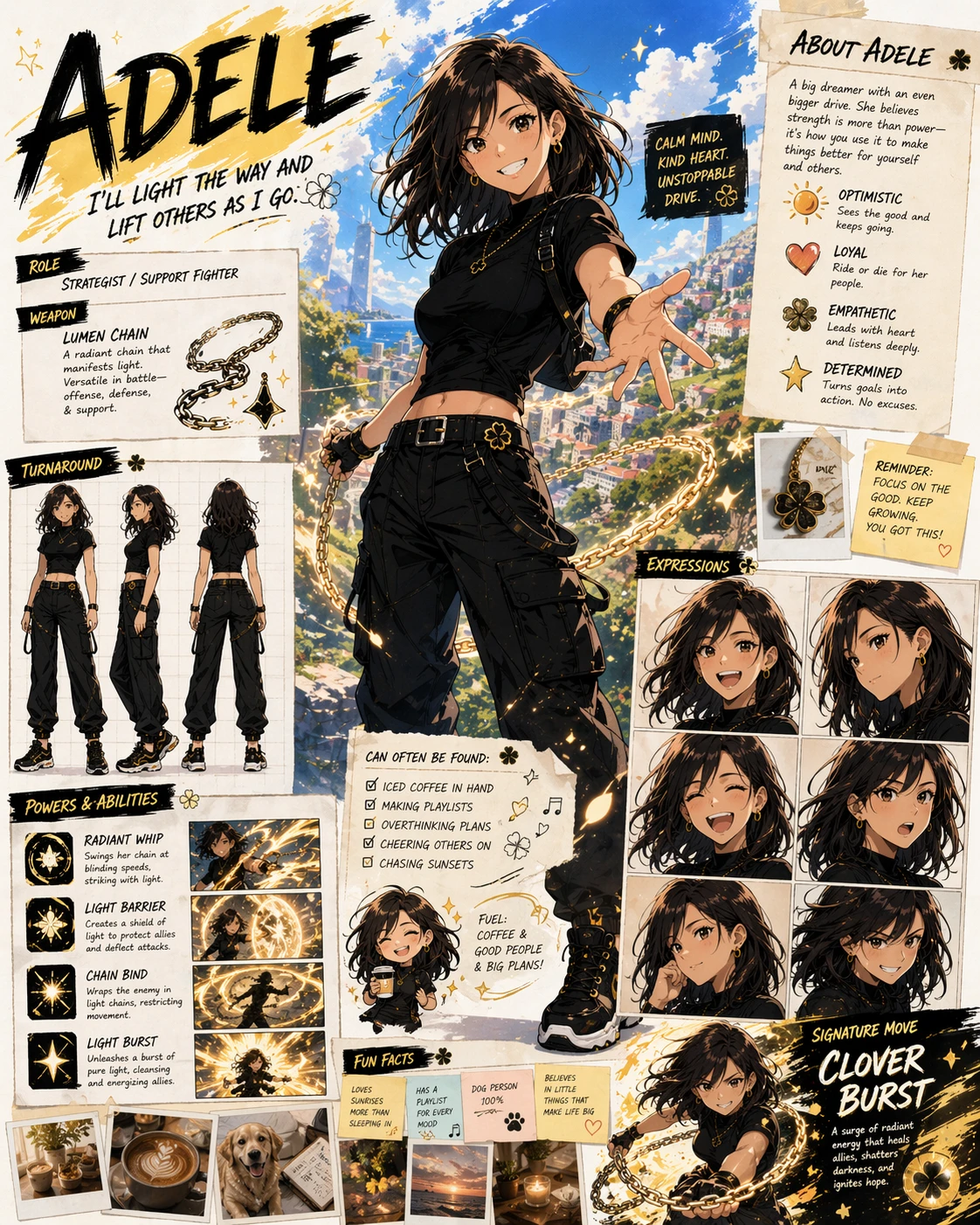 Generated with ChatGPT Images 2.0, this anime-style character reference sheet introduces Adele, a cheerful support-fighter heroine with a glowing chain weapon, showing her role, abilities, expressions, turnaround poses, personality notes, and playful lifestyle details in a vibrant scrapbook layout.