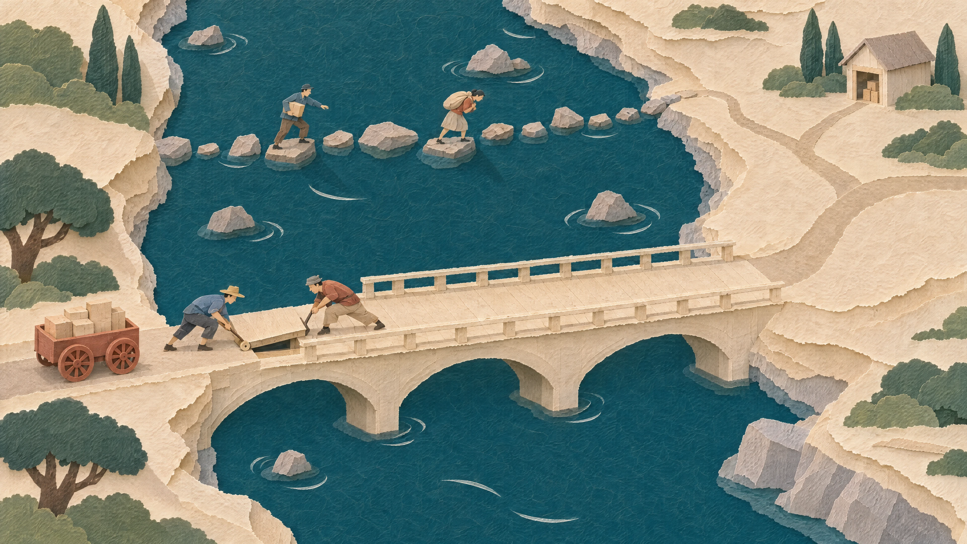Image 8: Workers cross a river using stepping stones beside a bridge awaiting its final span.