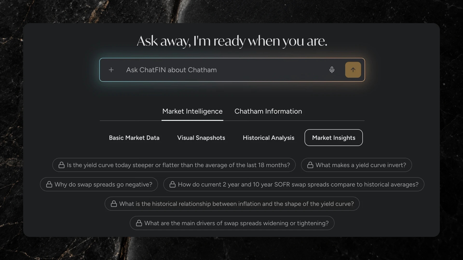 ChatFIN interface over a dark texture background showing market intelligence prompts for Chatham Financial.