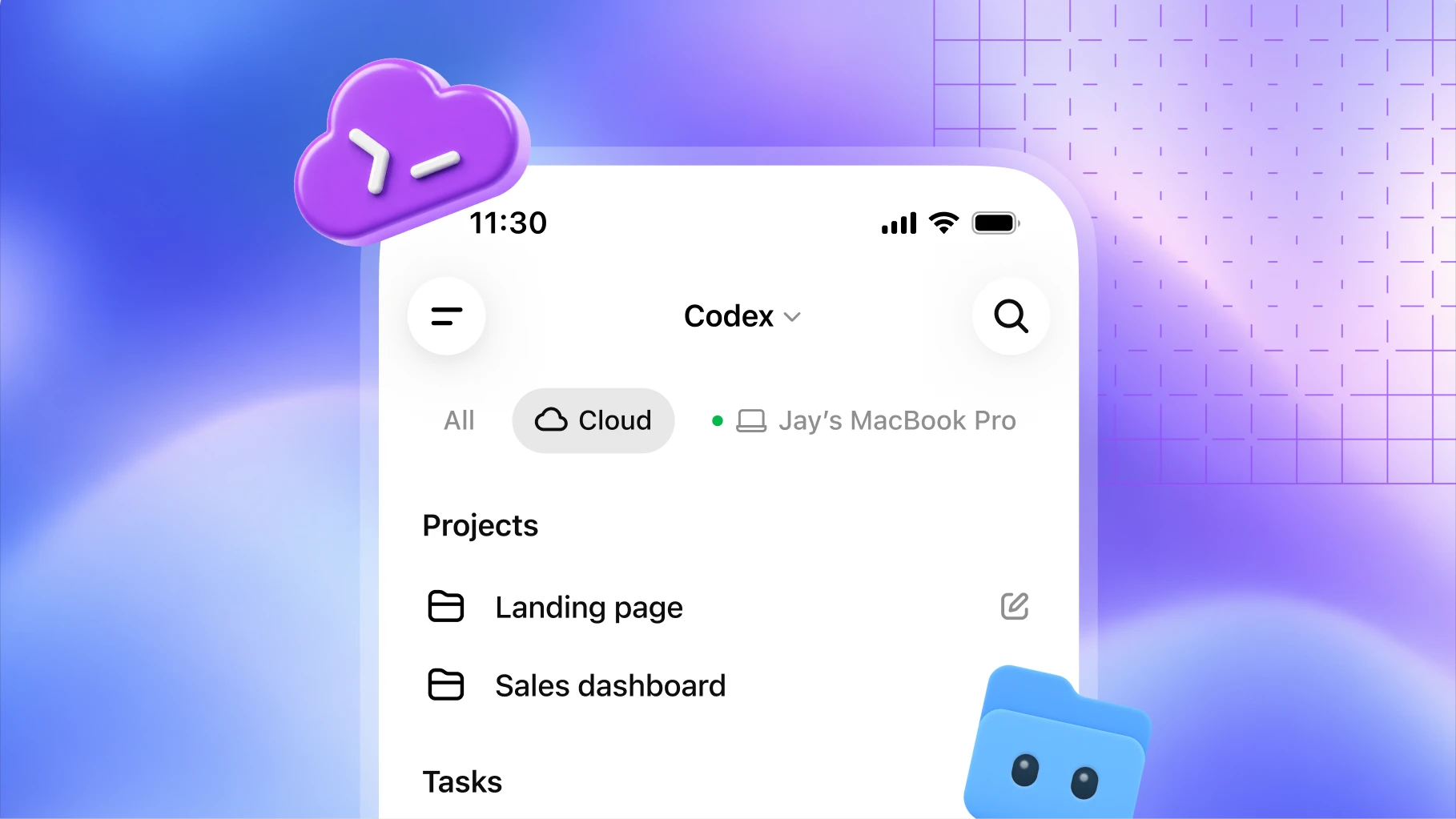 Codex cloud projects interface with a purple cloud icon.
