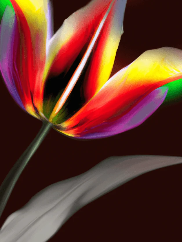 A vibrant, multicolored tulip with a dark background, highlighted to emphasize the bright red, yellow, purple, and green hues on its petals.